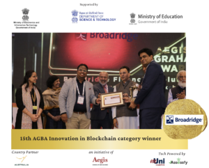 Broadridge receiving the Aegis Graham Bell Award for Innovation in Blockchain category from Hon’ble Minister Shri Jitin Prasada, Minister of State for MeitY and Commerce.